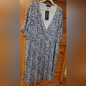 AMZPLUS WOMENS Elegant Blue Floral Midi Dress